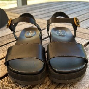 Vionic Black Platform Sandals with Gold Buckle